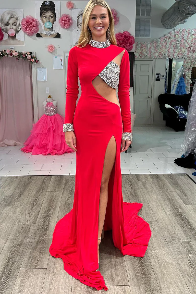 High Neck Long Sleeve Red Mermaid Prom Dresses