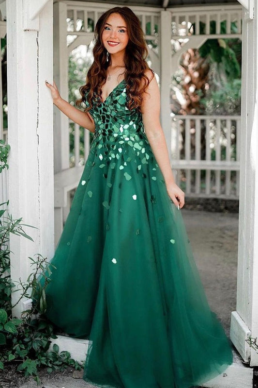 Cute A Line V Neck Green Tulle Prom Dresses