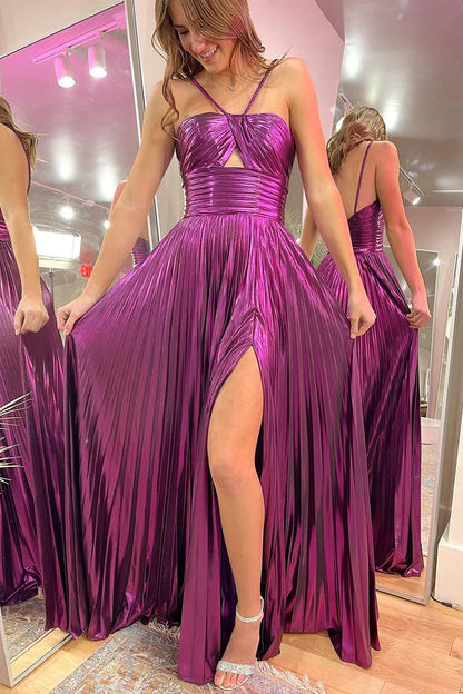 Magenta Spaghetti Straps Pleated A-Line Long Prom Dresses