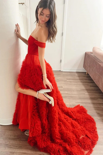 Off-the-Shoulder Red Ruffle Long Prom Dresses