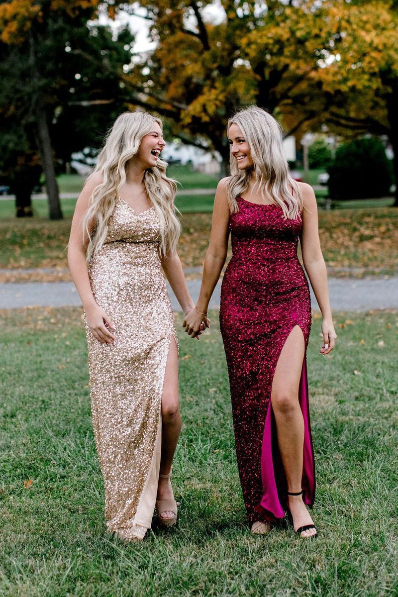 Champagne Sequins Scoop Neck Mermaid Long Prom Dresses