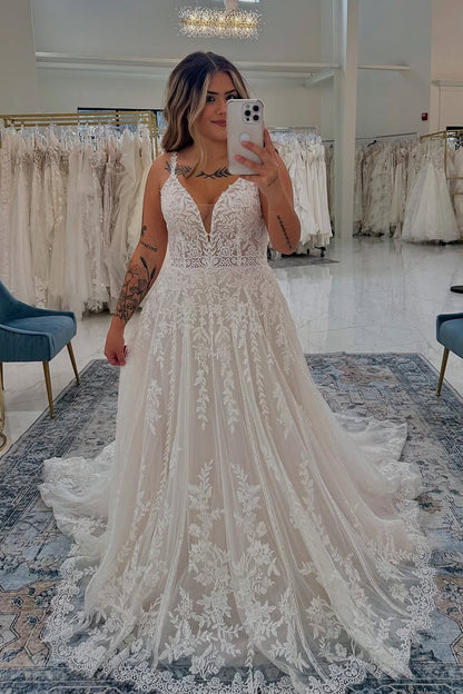 A-Line V Neck Ivory Tulle Lace Wedding Dresses