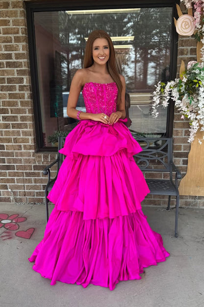 Fuchsia A Line Strapless Satin Prom Dresses