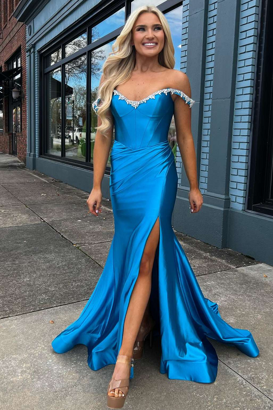 Off the Shoulder Mermaid Beaded Blue Prom Dresses