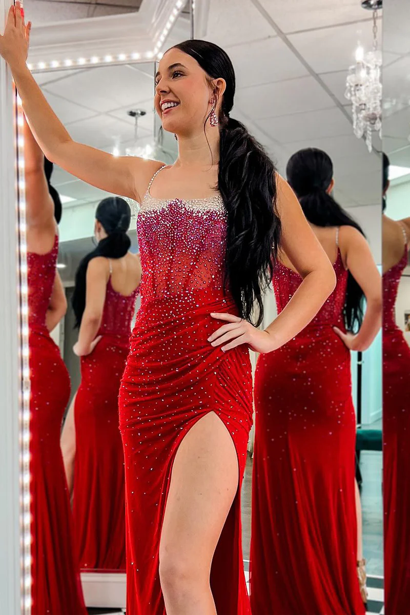 Red Scoop Neck Beaded Mermaid Long Prom Dresses