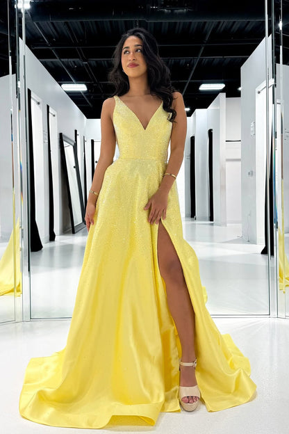 A-Line V Neck Yellow Beads Satin Long Prom Dresses