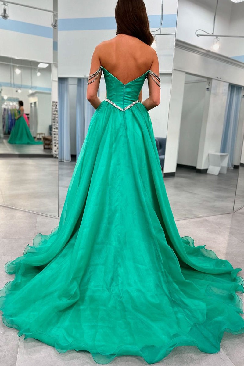 Green Strapless Beaded Straps Organza Long Prom Dresses,BD93383