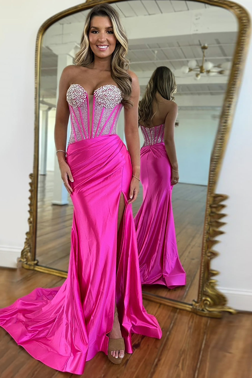 Sweetheart Beadings Mermaid Long Satin Prom Dresses