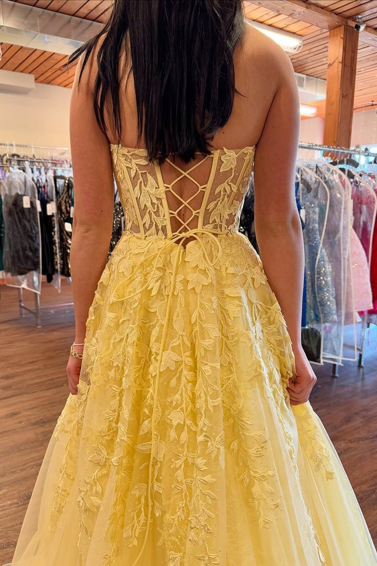 A Line Sweetheart Daffodial Yellow Tulle Long Prom Dresses