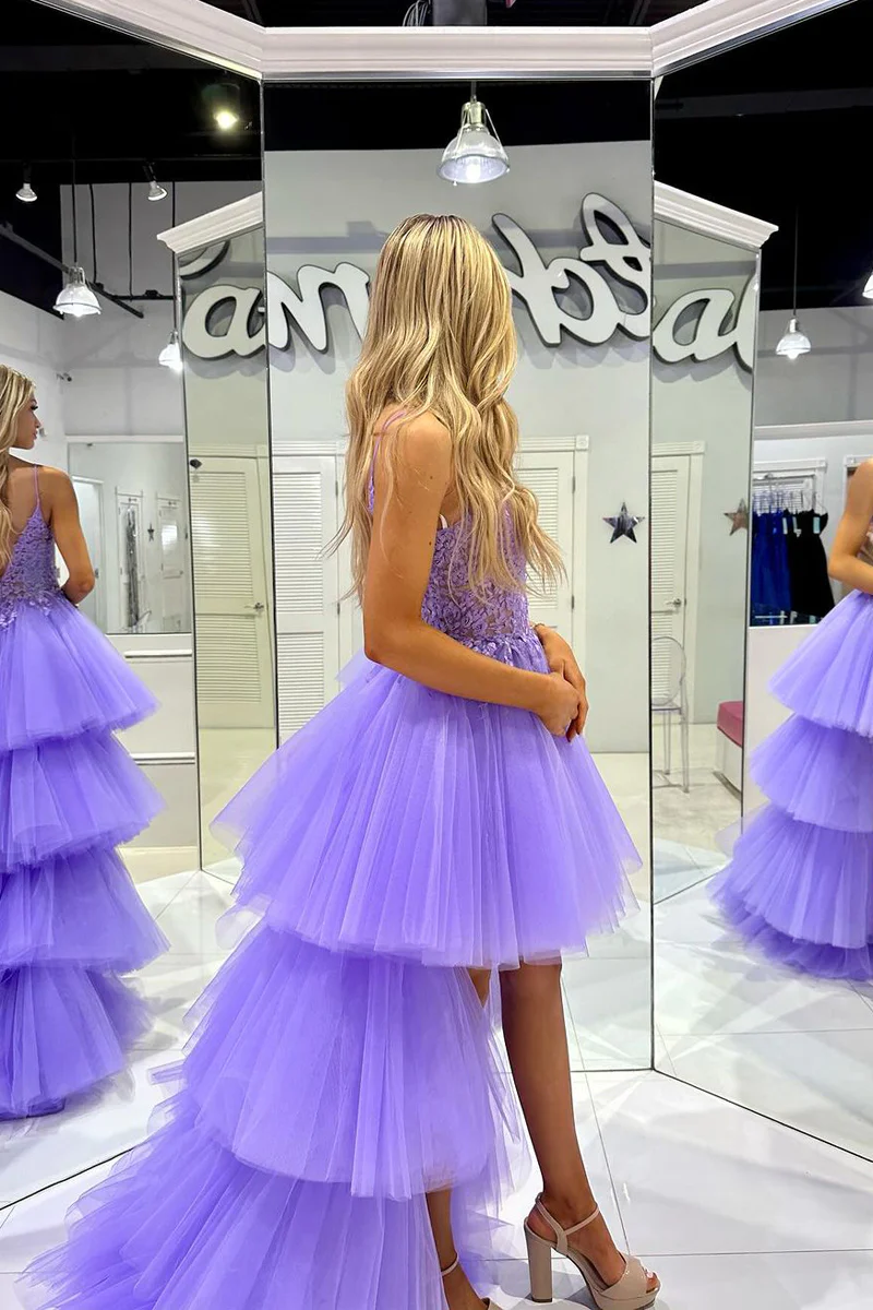 Lilac Tulle V Neck High Low Prom Dresses