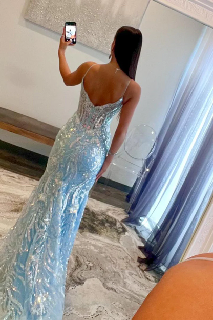 Light Blue Sequins Appliques V Neck Long Prom Dresses,BD93179