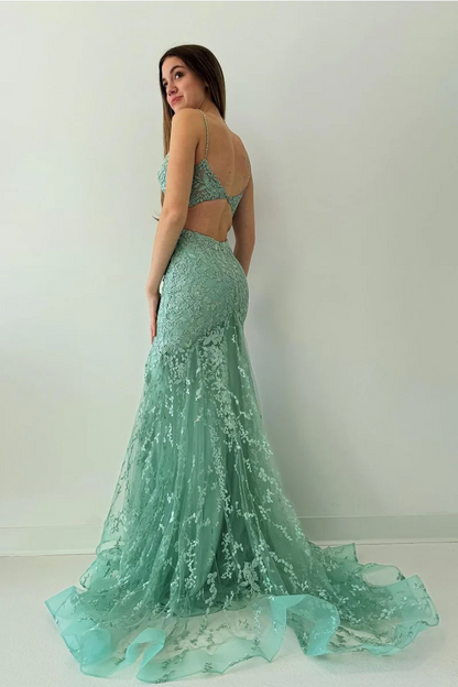 Green V Neck Lace Long Mermaid Prom Dresses,BD93234