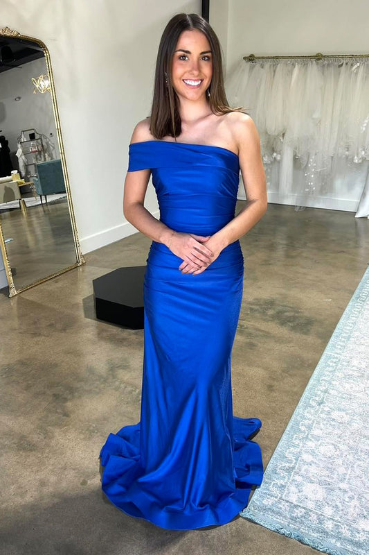 Foraml Mermaid One Shoulder Royal Blue Satin Prom Dresses, Evening Dresses