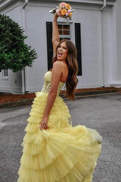 Cute Sweetheart Yellow Tiered Tulle Long Prom Dresses