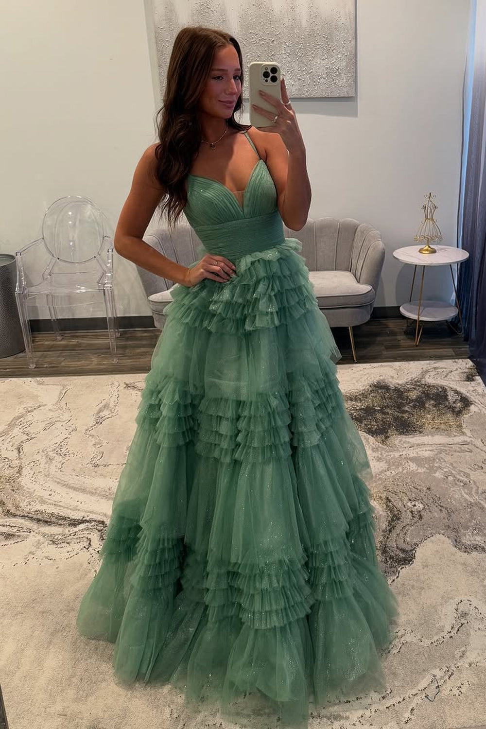 A-Line V Neck Sage Green Tulle Long Prom Dresses