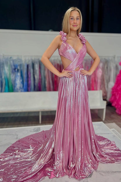 A Line V Neck Pink Pleat Metallic Satin Long Prom Dresses