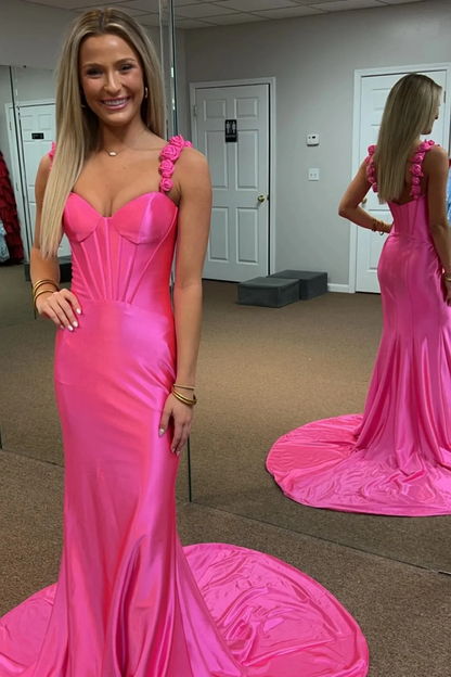 Hot Pink Floral Straps Satin Long Mermaid Prom Dresses