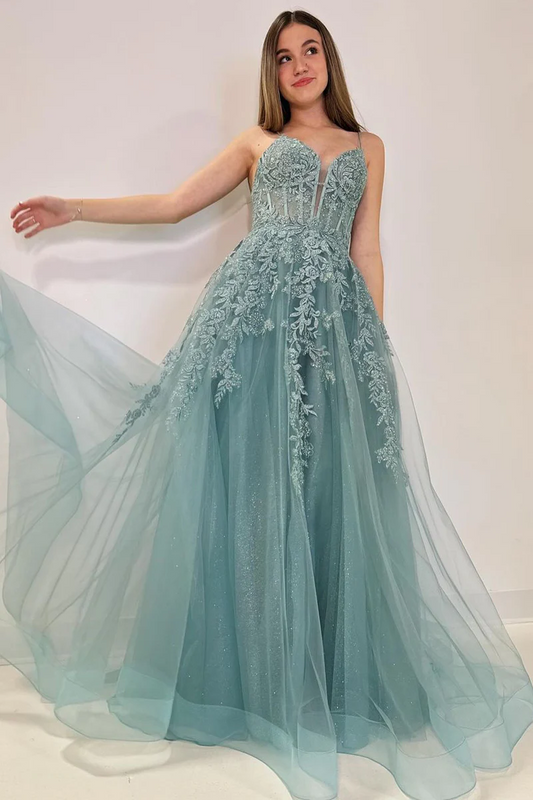 Spaghetti Straps Tulle A-Line Long Sweetheart Prom Dresses