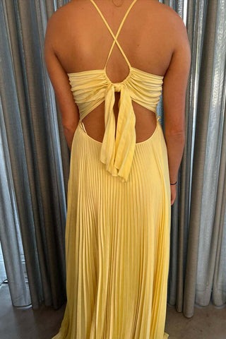 Charming A Line V Neck Satin Long Yellow Prom Dresses