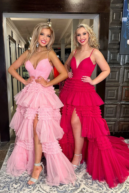 Pink V Neck Tiered Tulle Long Prom Dresses