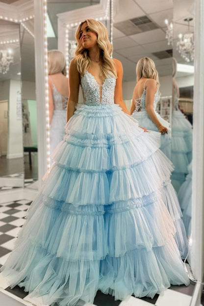 Sky Blue V Neck Ruffle Tiered Tulle Long Prom Dresses