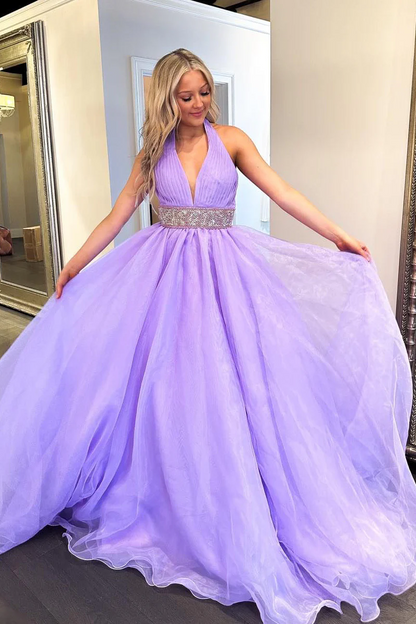 A-Line Halter Lilac Long Organza Prom Dresses