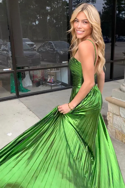 Green Satin Halter Cutout Long Prom Dresses