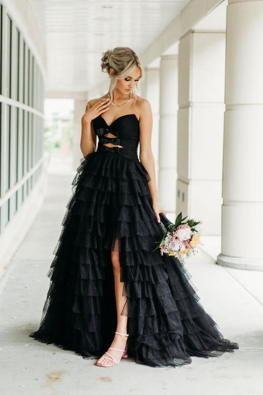 Black Strapless Ruffle Tiered Tulle Long Prom Dresses