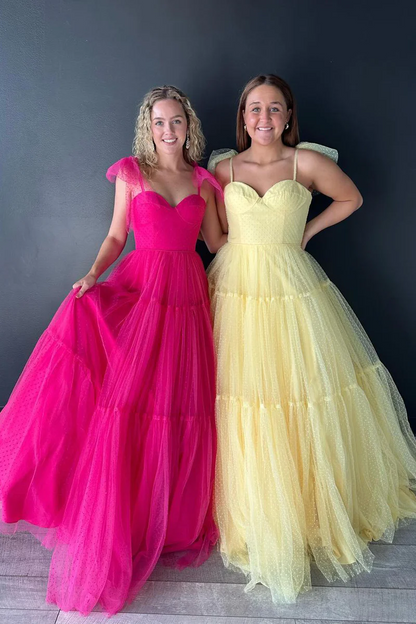 Long Sweetheart Tie Straps Tulle A-Line Prom Dresses