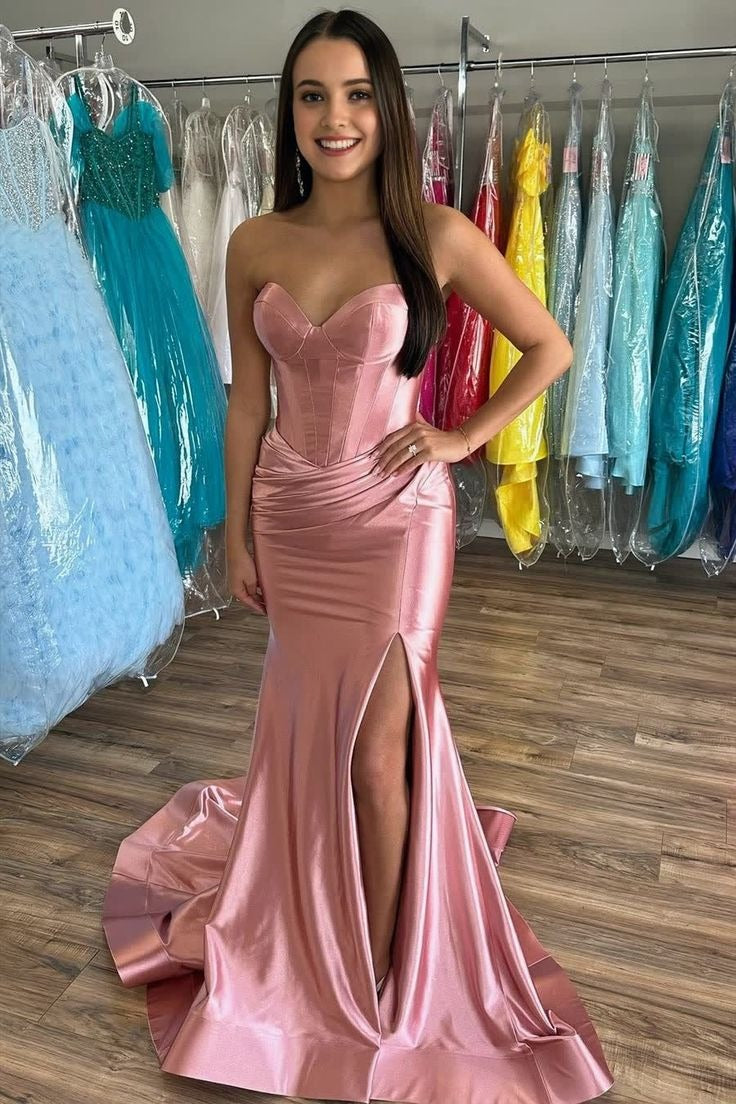 Mermaid Strapless Gold Satin Mermaid Prom Dresses