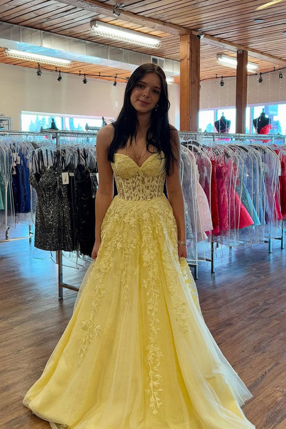 A Line Sweetheart Daffodial Yellow Tulle Long Prom Dresses