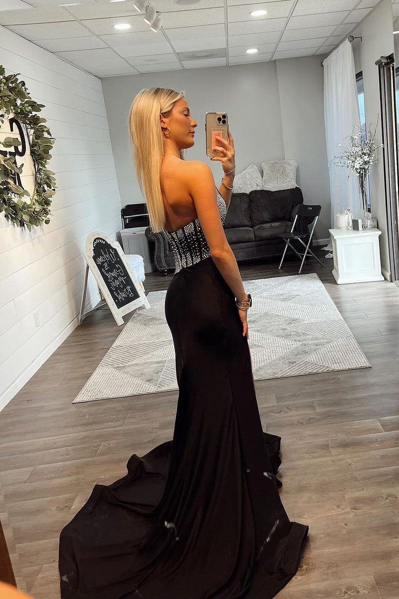 Black One Shoulder Satin Long Prom Dresses