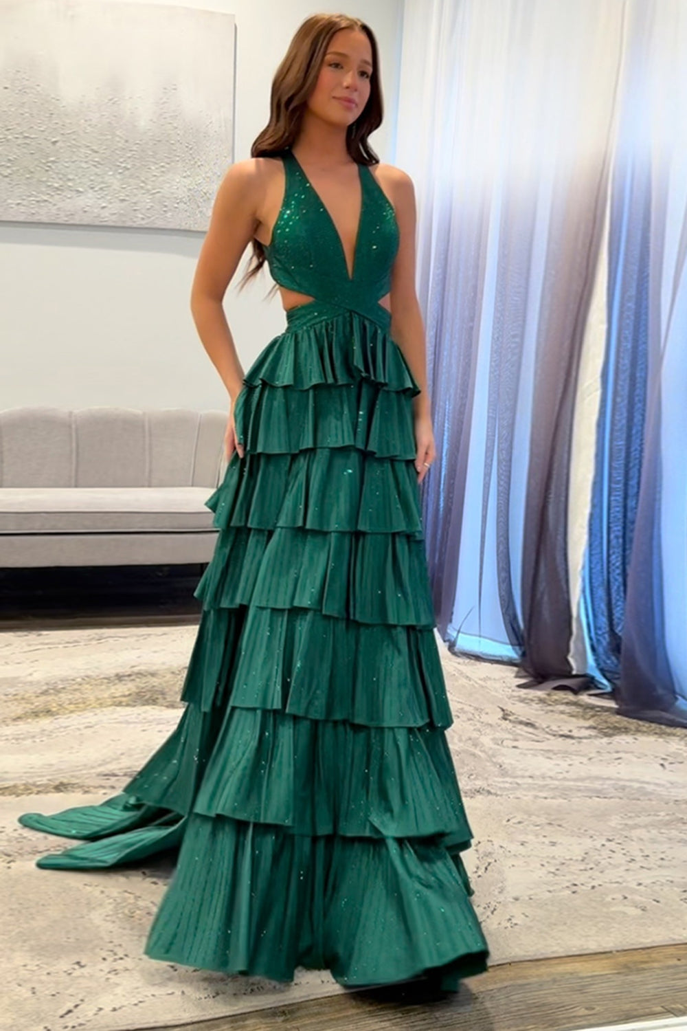 Halter Sparkly Green Ruffle Tiered A-Line Long Prom Dresses