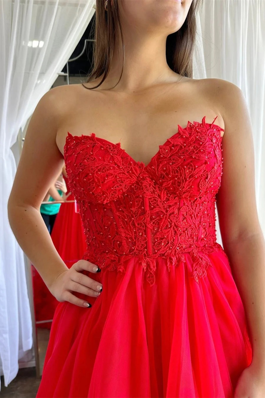 Sweetheart Backless Red Prom Dresses Tulle Ruffled Prom Dresses,BD93146