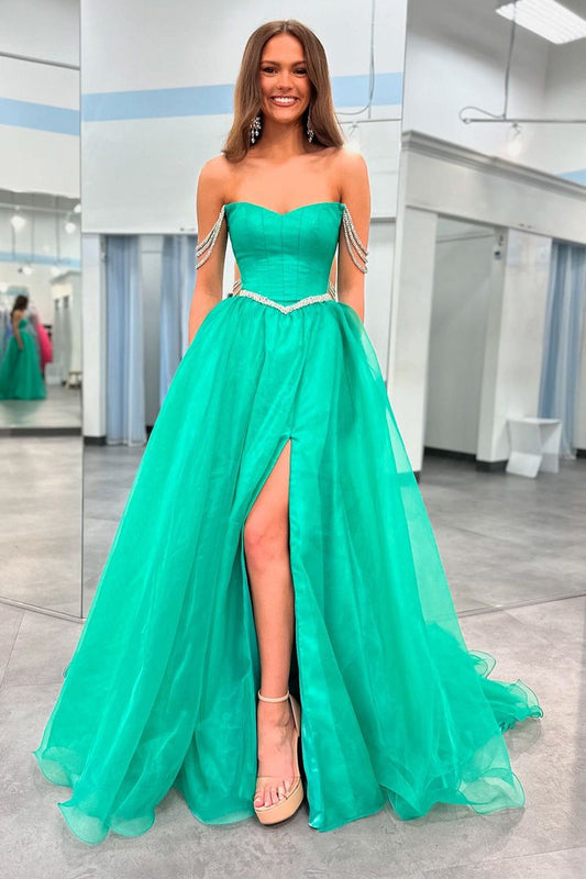 Green Strapless Beaded Straps Organza Long Prom Dresses