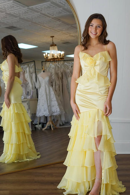 Mermaid Spaghetti Straps Yellow Ruffle Chiffon Long Prom Dresses