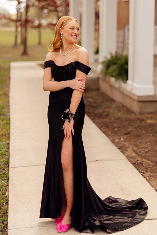 Black Off the Shoulder Satin Mermaid Long Prom Dresses