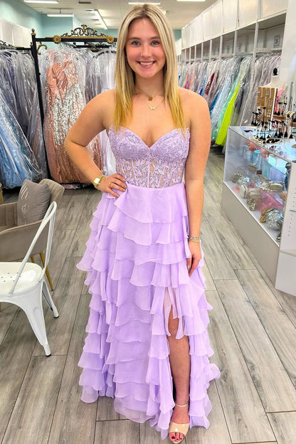 A Line Sweetheart Lavender Chiffon Tiered Prom Dresses