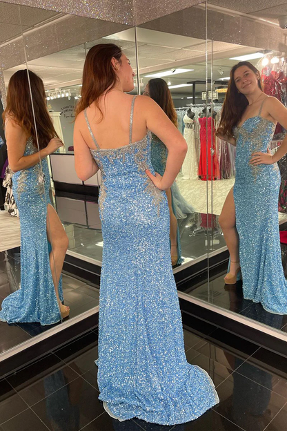 Blue Sequins Sweetheart Mermaid Long Prom Dresses