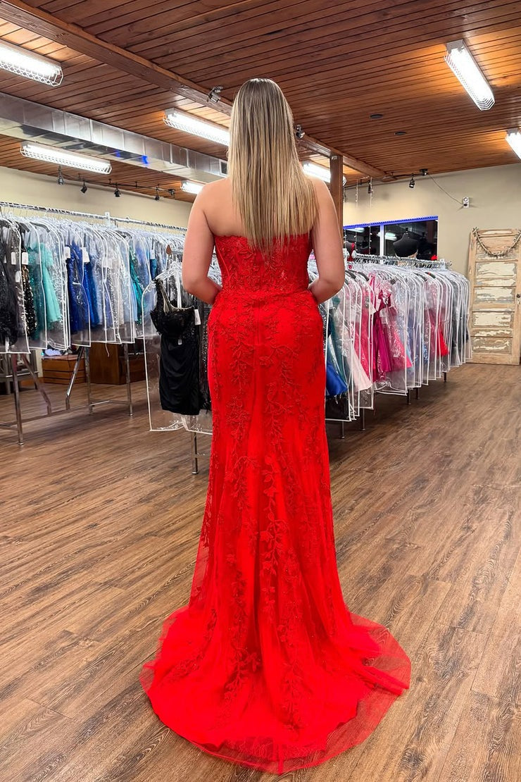 Mermaid Strapless Red Lace Prom Dresses