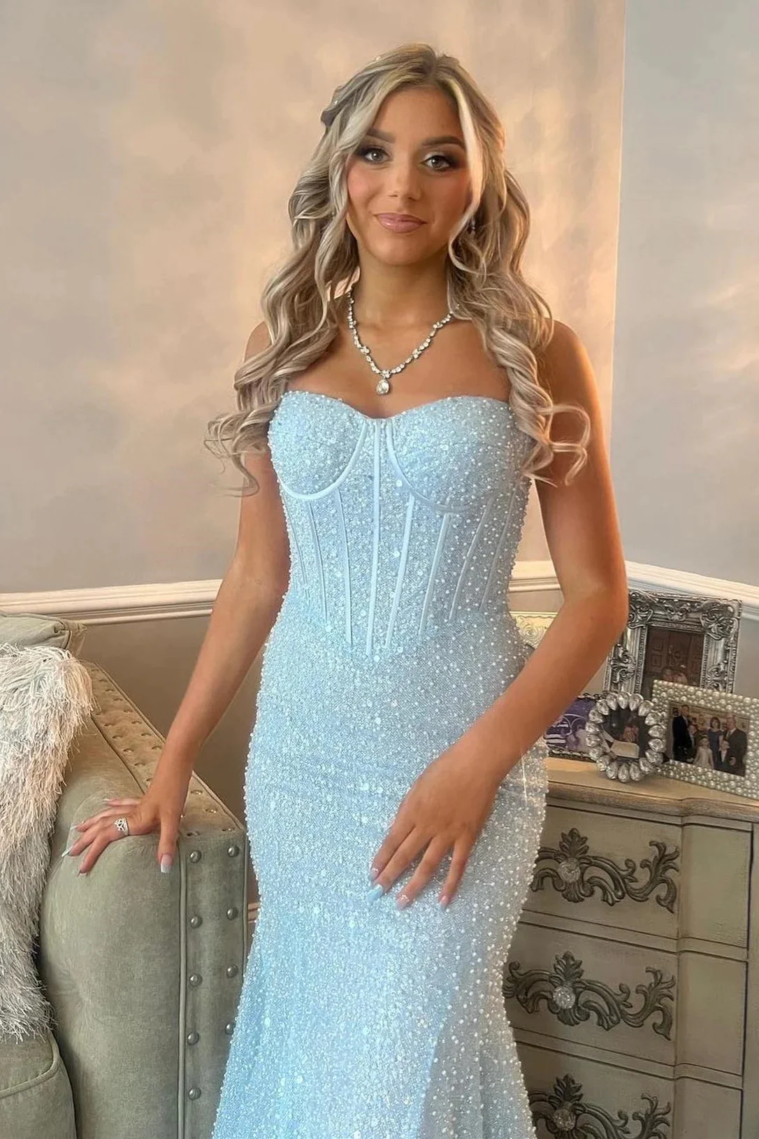 Light Blue Sequins Straps Mermaid Long Prom Dresses