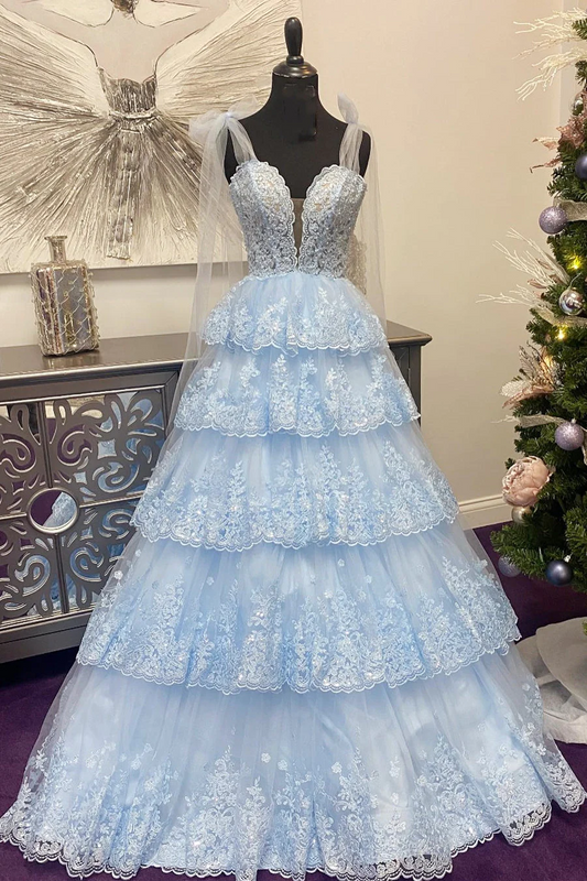 Light Blue Tulle Appliques Tying Strap Ruffle Tiered Long Prom Dresses