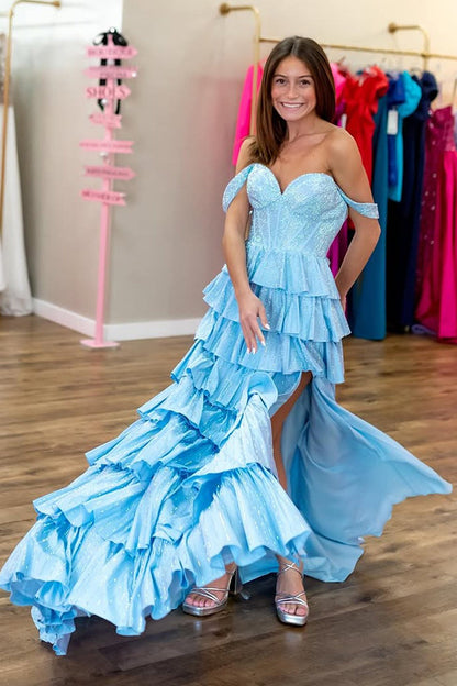 A-Line Off the Shoulder Light Blue Ruffle Tiered Long Prom Dresses