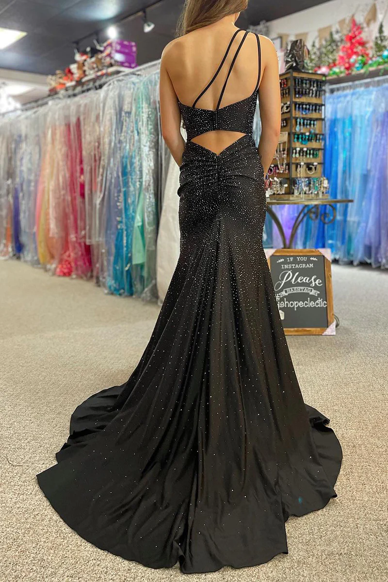 Black One Shoulder Beaded Mermaid Long Prom Dresses,BD930844