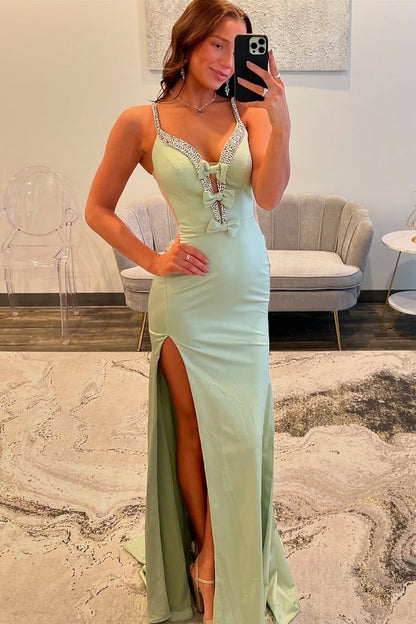 Mermaid V Neck Sage Green Satin Prom Dresses