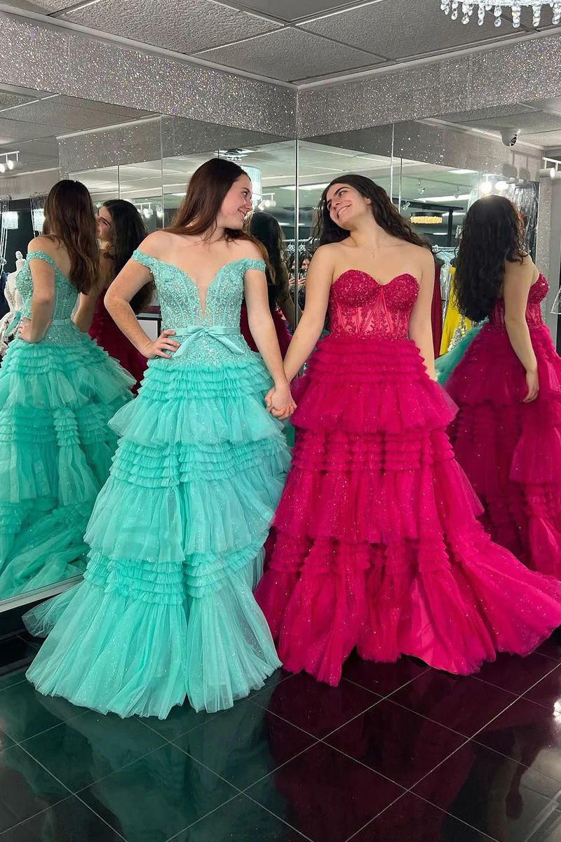 Hot Pink Long Sweetheart Tiered Tulle Prom Dresses,BD93113