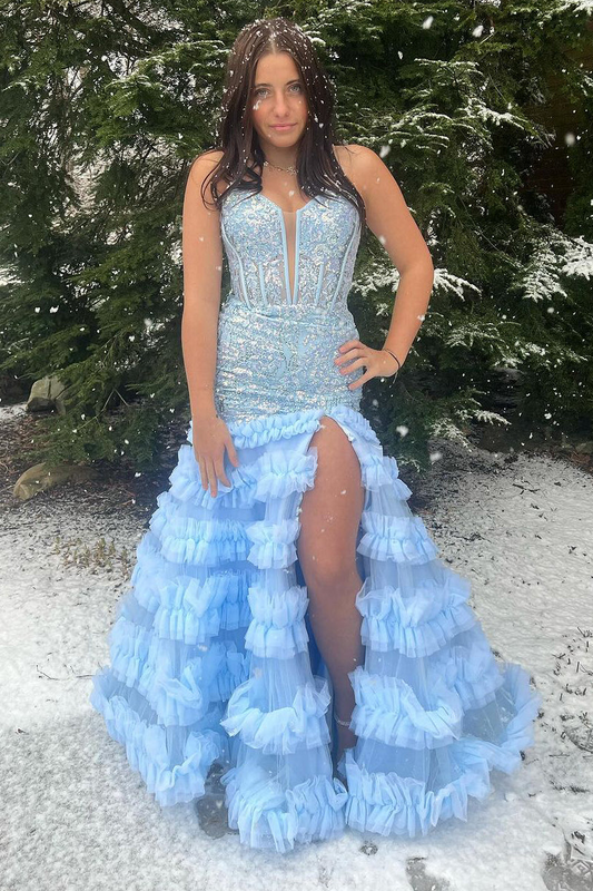 Light Blue Sweetheart Sequins Lace Prom Dresses