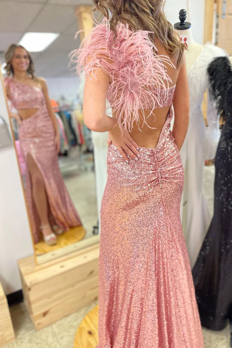 Blush Pink One Shoulder Sequins Long Prom Dresses