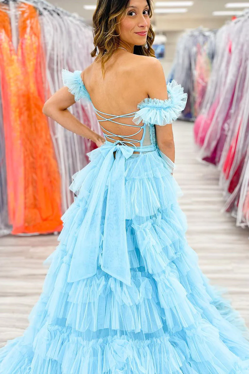 Light Blue Off the Shoulder Ruffle Tiered Long Prom Dresses