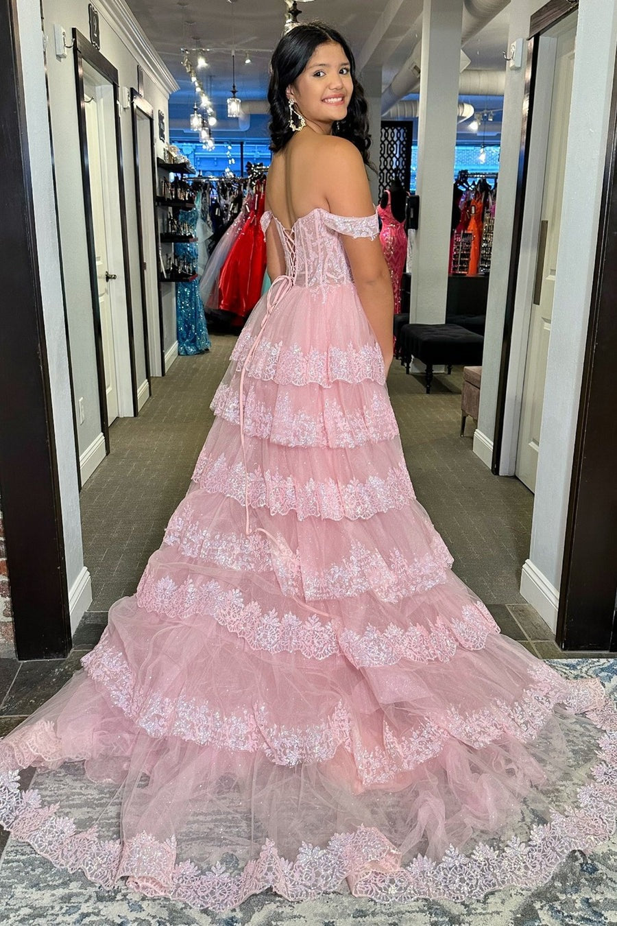 Fairy Ball Gown Off the Shoulder Tulle Pink Prom Dresses